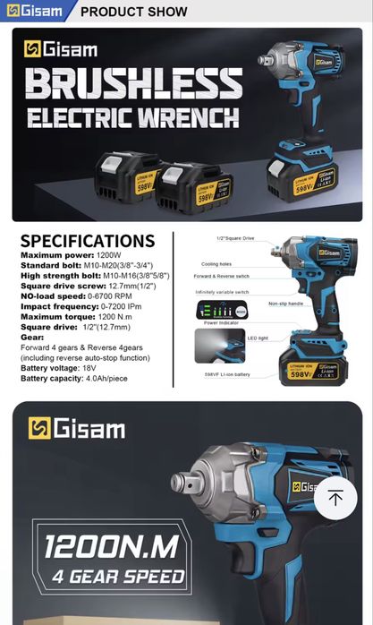Gismo 1200N.M Torque Brushless Chave de impacto elétrica 1/2 polegada Chave de fenda sem fio Ferramenta elétrica para Makita 18V Bateria Pin