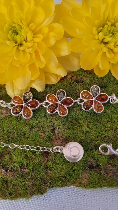 Bransoletka srebro 925 srebrna z bursztynem bałtyckim mix kolorów