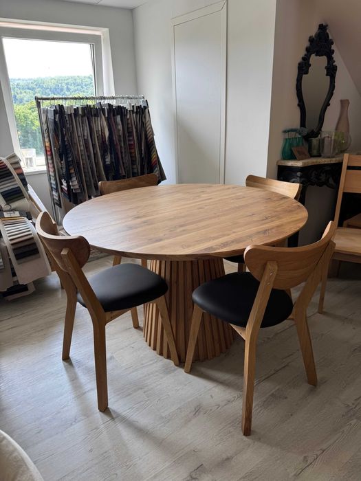 Stół drewniany Fi 120+50 plus 4 krzesła,lamele,dąb naturalny