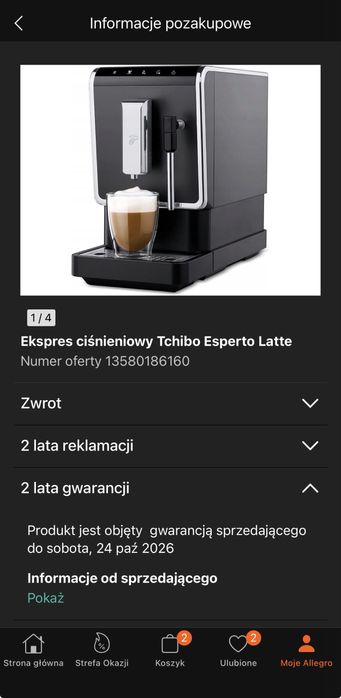 Ekspres do kawy Tchibo Esperto Latte gwarancja