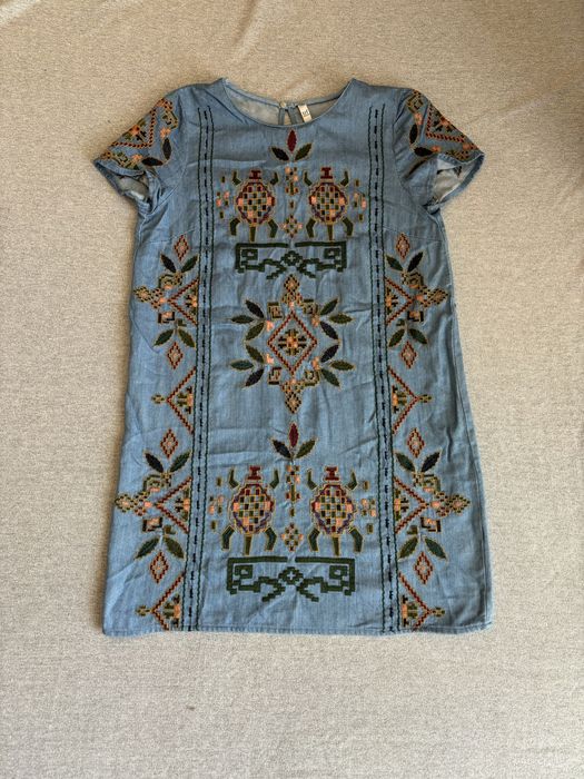 Джинсовый сарафан платье  вишиванка zara xs