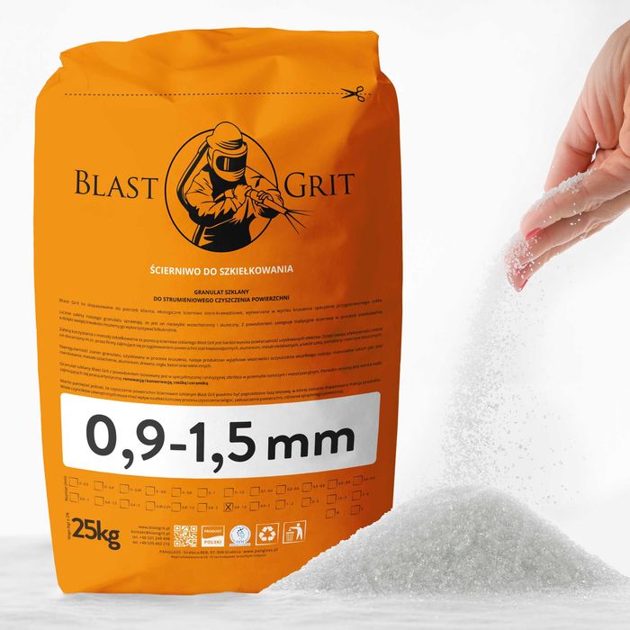 Granulat szklany 0,9-1,5 mm ŚCIERNIWO szklane Blast Grit Pro ATEST PZH 25kg / szkiełko do piaskarki, piasek szklany PRODUCENT, dużo rozmiarów TANIO