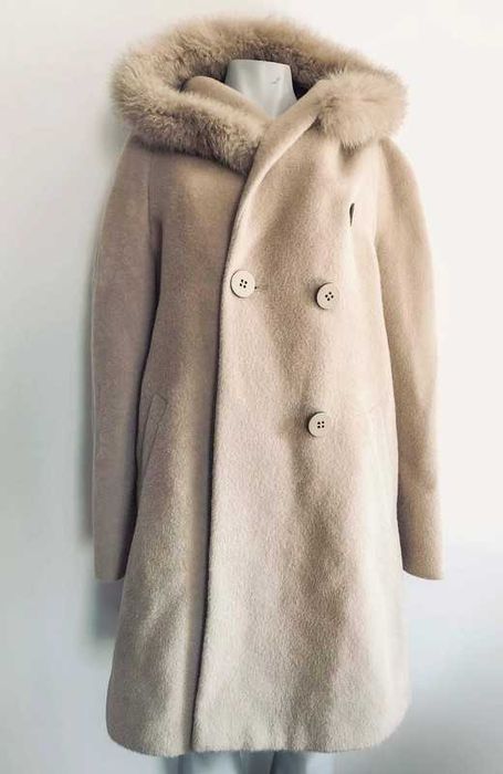 Płaszcz Lady 74% apaca suri 26% wełna lama ciepły beż kaptur lis 48 50