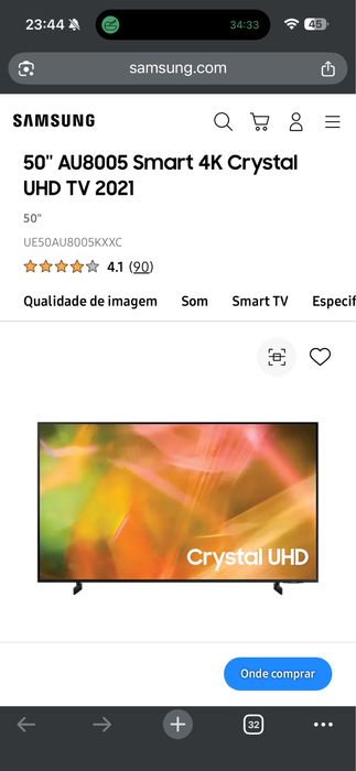 TV Samsung 50” Smart TV 4K Crystal UHD – Excelente estado