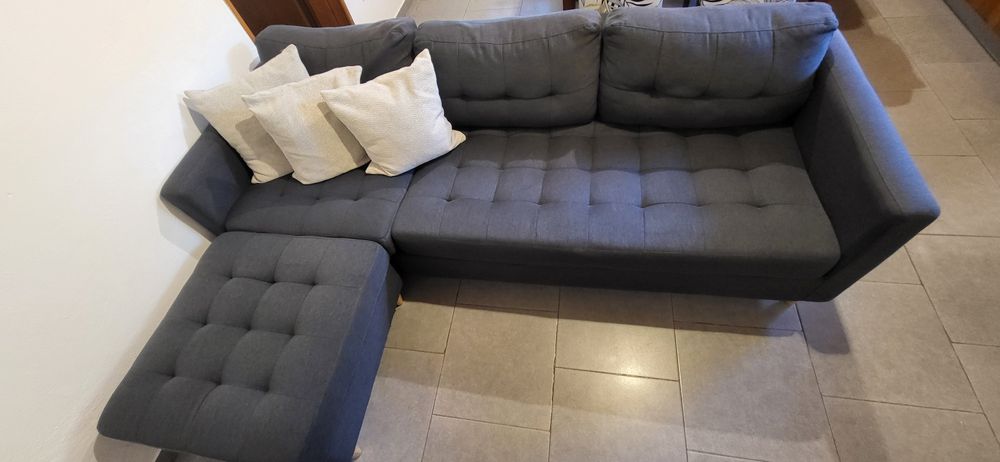 Sofá 3 Lugares Cinza + Puff/Chaise Longue – Muito Bom Estado