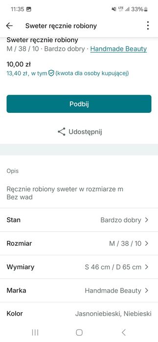 Ręcznie robiony sweter sweterek w rozmiarze M