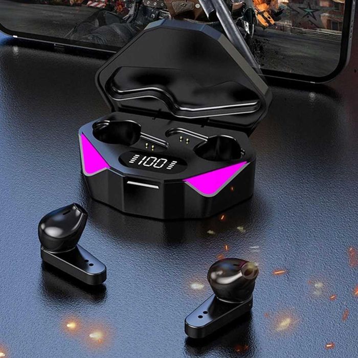 SŁUCHAWKI Bezprzewodowe Gamingowe TWS Bluetooth 5.0 LED Powerbank Mikrofon Dotykowe Etui Czarne 18h Pracy