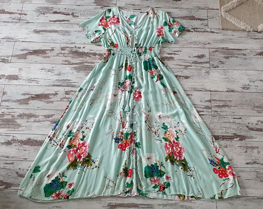 KuoTuo miętowa zwiewna długa sukienka szmizjerka w kwiaty, wiskoza L