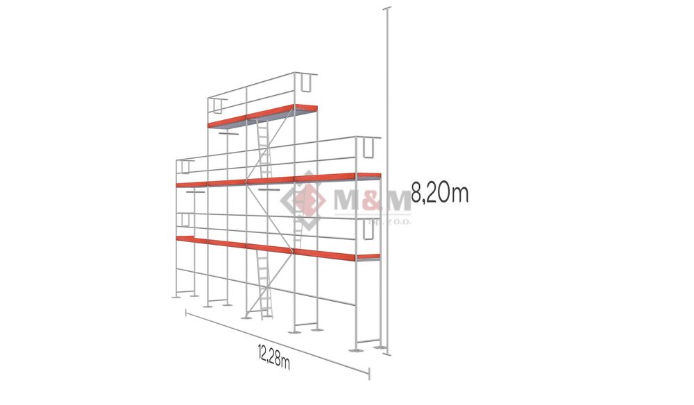 Rusztowanie 88,42m2 używane, szczytowe 12,28x8,2m podest stalowy 3,07m
