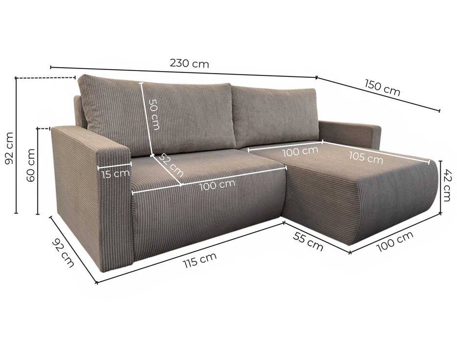 Narożnik Bergamo. Rogówka. Sprężyny bonell, pojemnik, automat, sztruks