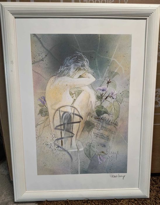 Grafika w ramie - kobieta, kwiaty, nuty