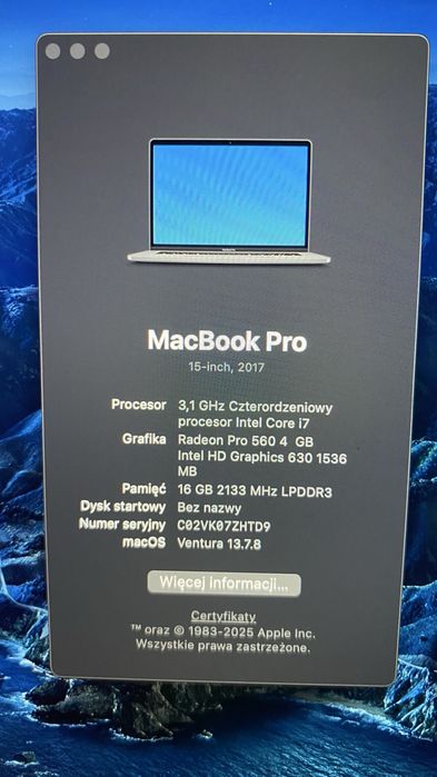 Macbook Pro 15” A1707 Dysk 1 TB Radeon Pro 560 4 GB Touchbar