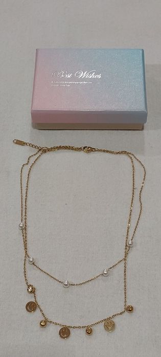 Colar Duplo Pérola e Emoji Smile, Aço