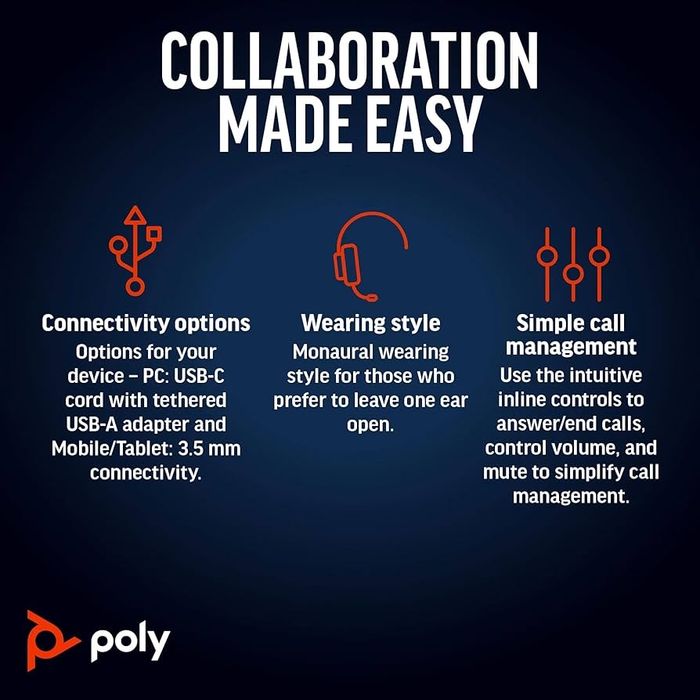 Стереогарнітура Poly Blackwire 5220 USB-C + роз'єм 3,5 мм