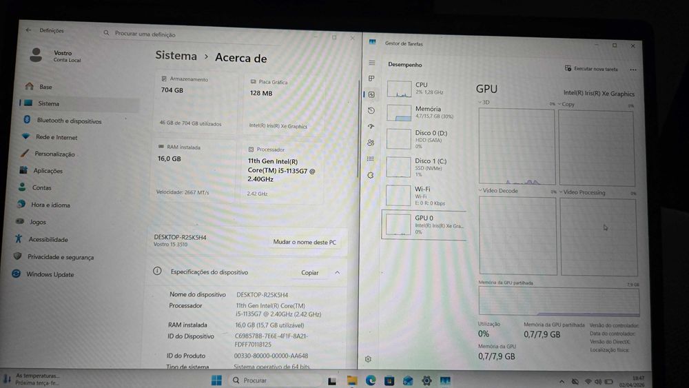 Portátil Dell i5 11a Geração com 256Gb Nvme +500gb com 16Gb Ram w11pro