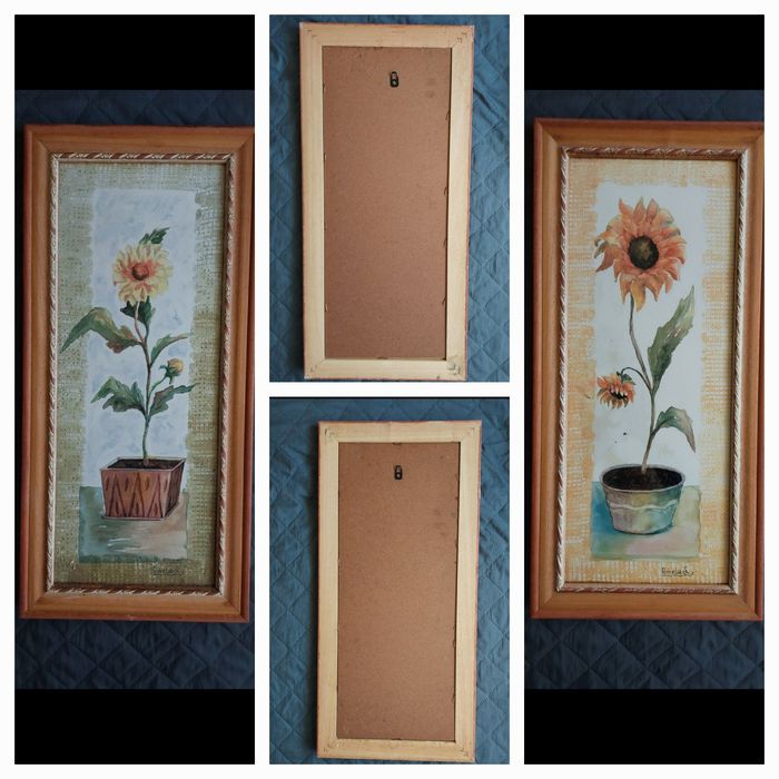 2 framed paintings with ornate frames, sunflower theme, 1990