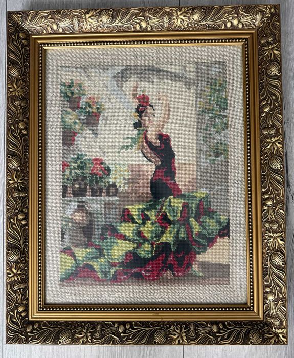 Obraz Haftowany Ręcznie „Tancerka Flamenco” 47x57 cm w Złotej Ramie • Vintage