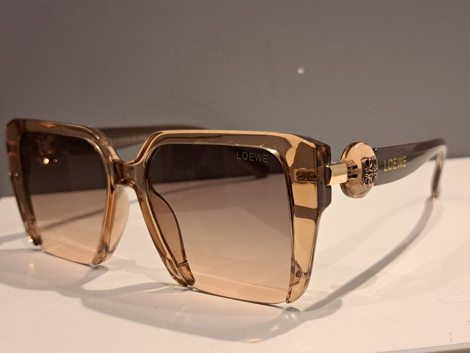 LOEWE brązowe duże okulary przeciwsłoneczne zlote logo filtr uv 400