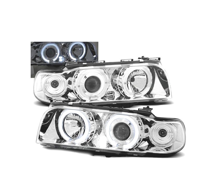 FARÓIS BMW SERIE 7 E38 94-98 ANGEL EYES FUNDO CROMADO