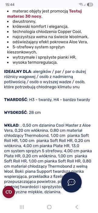 Materac Hamilton Cool Wool 140x200