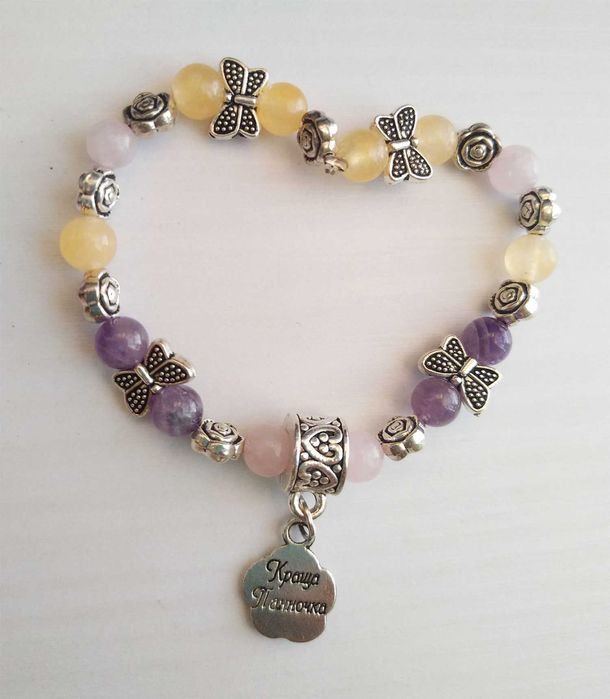 Продається браслет з натуральним цитрином, аметистом, рожевим кварцем
