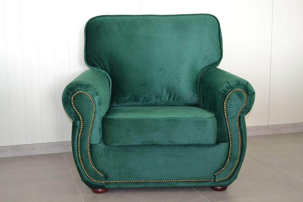 Zestaw Kanapa, fotel i pufa, plusz, butelkowa zieleń, proucent