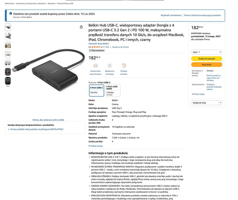 Belkin AVC018 Hub USB-C 4x USB-C 10 Gb/s PD 100 W