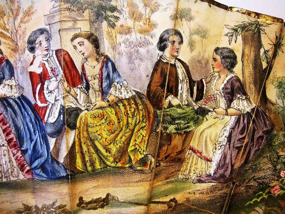 para restauro: antigo precioso leque-sec. XIX-cenas barrocas-casamento