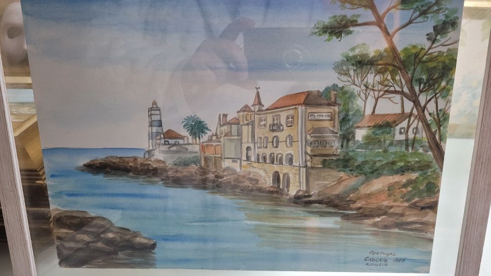 Quadro aguarela emoldurado farol sta marta cascais