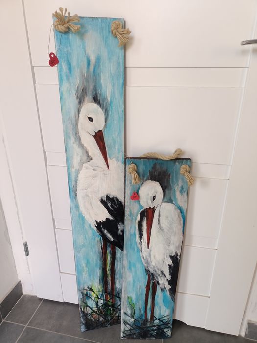 Boćki malowane na sosnowych deskach