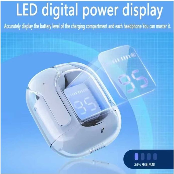 Fones TWS Bluetooth 5.3 c/ display LED – Design transparente - Portes Gratuitos