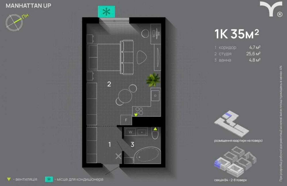 Manhattan Up-Продаж 1 кім квартири.Центр