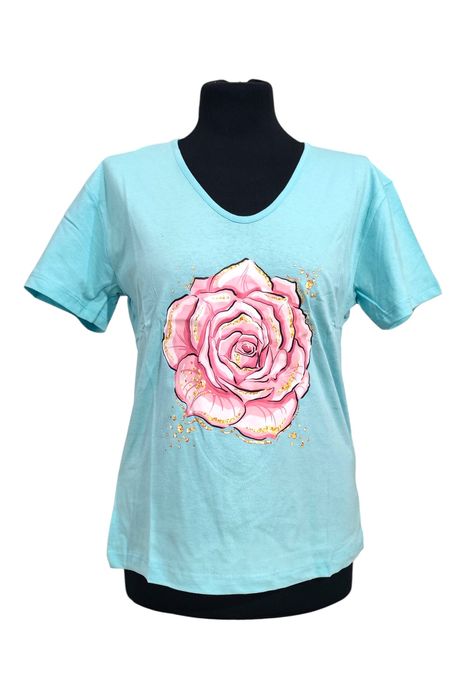 Jasnoniebieski t-shirt z nadrukiem róży rozmiar M