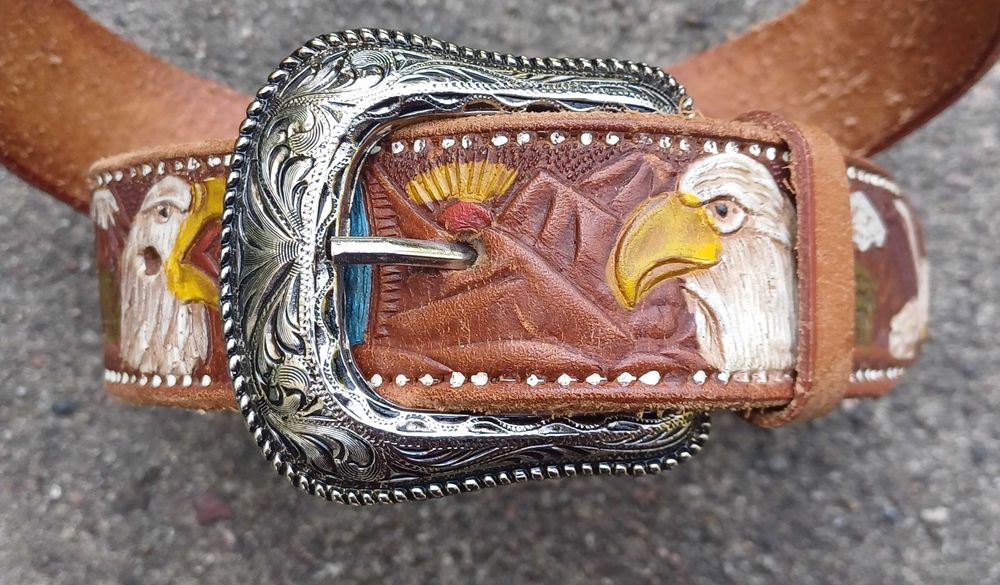 Skórzany westernowy pasek cowboy kowbojski wytłaczany orzeł
