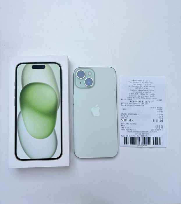 Apple iPhone 15 128GB Green – idealny stan, 85% baterii, komplet + 6 etui
