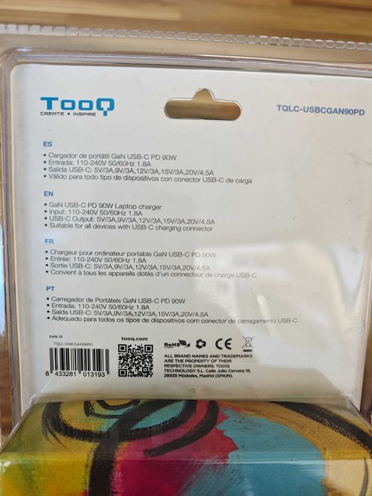 Carregador Rápido GaN TooQ USB-C PD 3.0 90W (Novo / Selado em caixa)