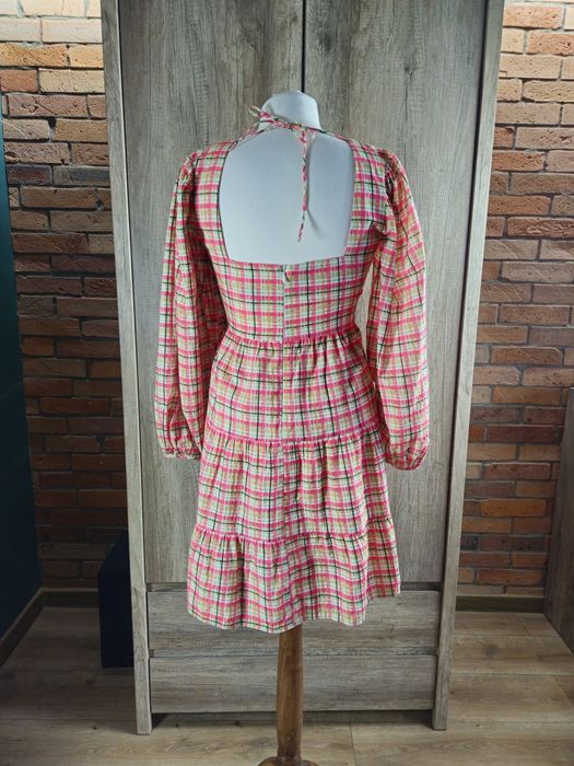 Sukienka mini TOPSHOP kratka neonowy róż bufki karo XS 34