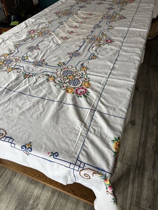 Toalha de mesa bordado a ponto cruz manual 155 × 257 e 6 Guardanapos