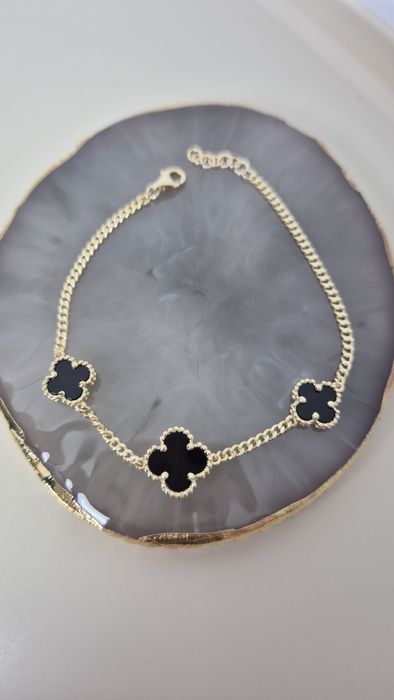 Nowa złota bransoletka typu VanCleef czarna koniczyna splot pancerka