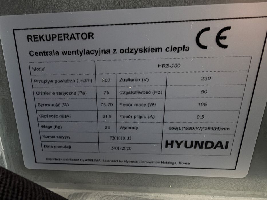 Rekuperator Hyundai VWHRS-200 + panel sterujacy + instrukcje