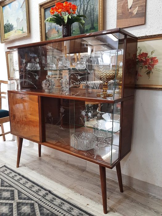 Komoda/Witryna vintage z grawerowanymi szybami | lata 50/60 | oryginał