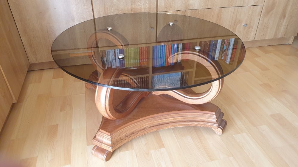 Mesa de centro madeira com tampo de vidro redondo