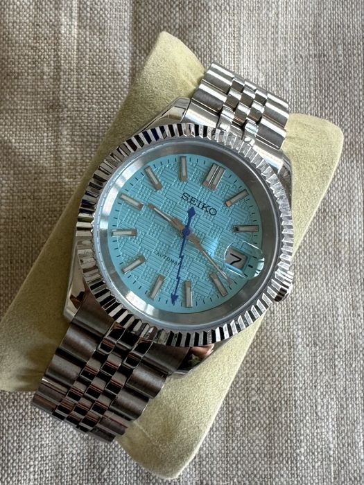 Relógio Seiko automático tiffany azul padrão texturado bezel fluted jubilee premium