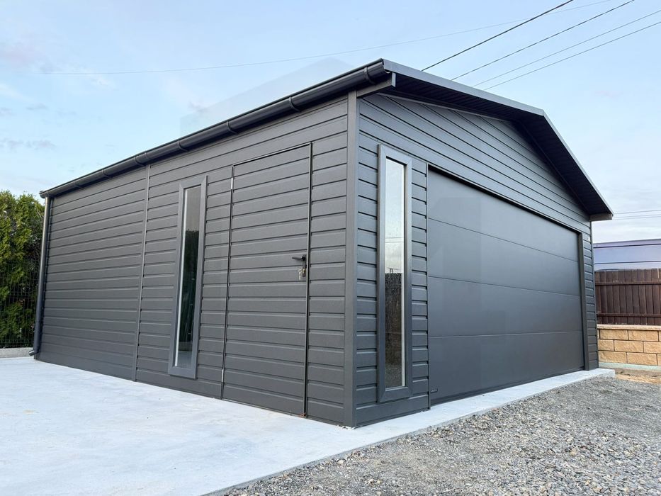 garaż blaszany 6x5, 6x6 dwuspadowy brama segmentowa grafit