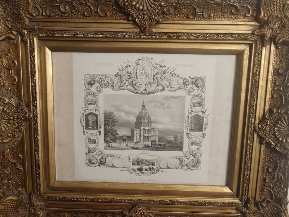 Quadro com gravura antiga e moldura dourada.