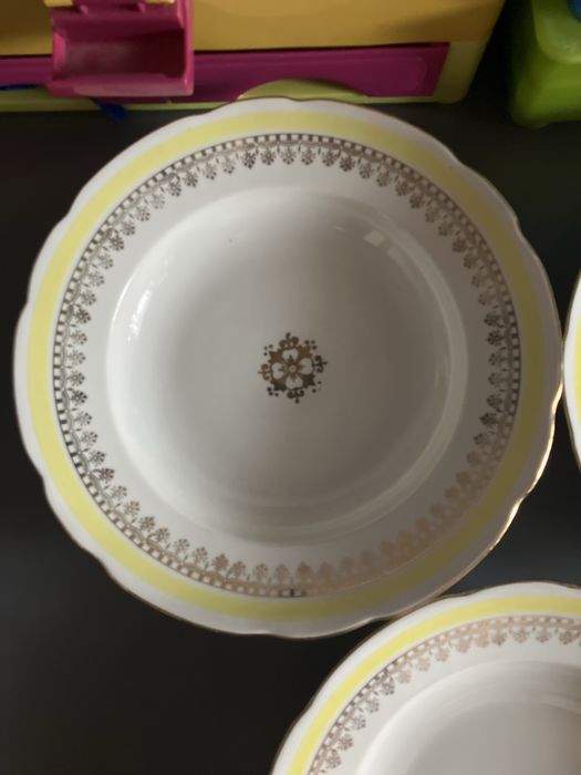 Serwis Ćmielów 5 talerzy głębokich złocone malowane zdobione duże prl