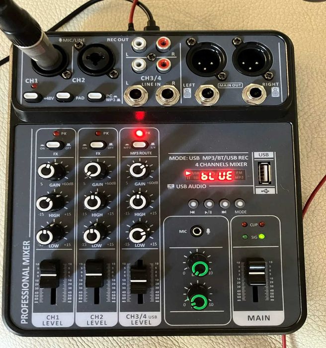 Аудиомикшер 4 канала с фантомным питанием (DJ/студийный микшер)