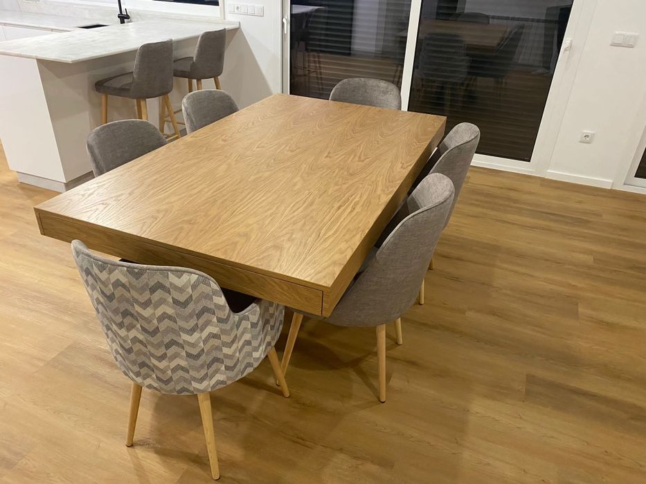 Mesa Jantar Extensível Carvalho Natural e Base Ferro Preto