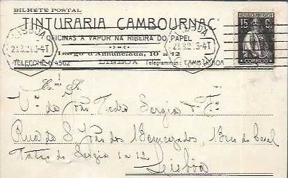 Bilhete Postal Particular Antigo 1923 - TINTURARIA CAMBOURNAC - LISBOA - selo ceres