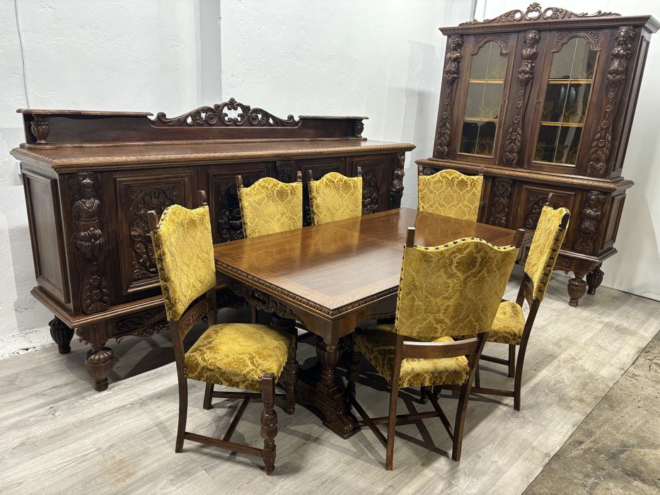 Piękny rzeźbiony komplet mebli do jadalni w stylu flamandzkim